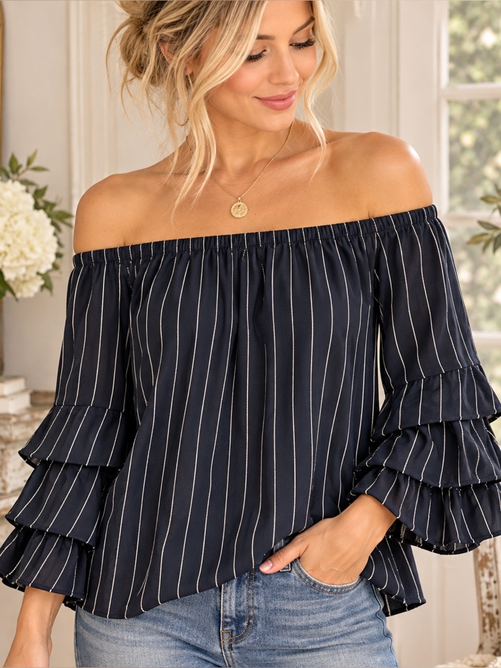 NWT Layered With Love Off Shoulder Black Pinstripe Ruffle
Sleeve Top Size M